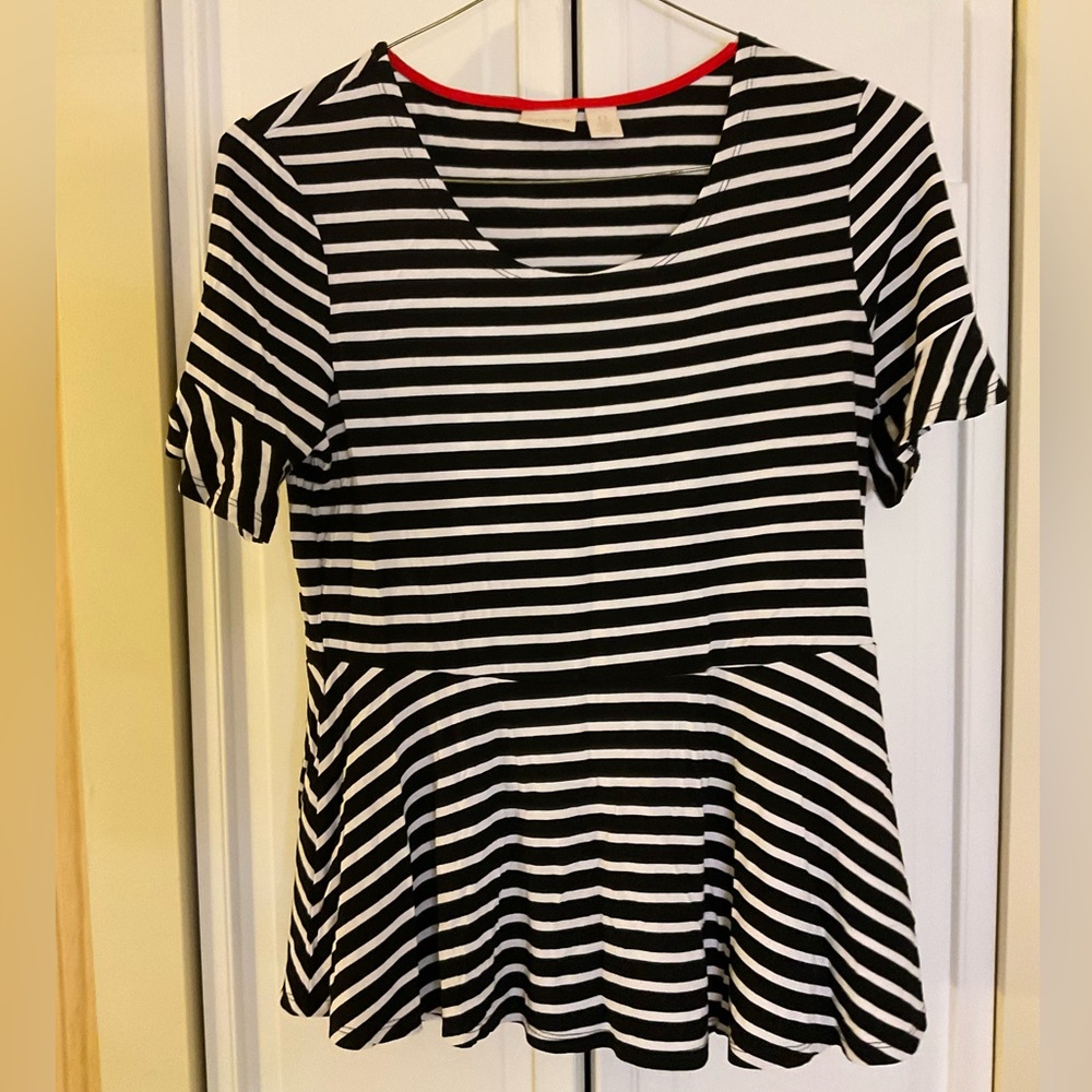 Chico’s Black and White Striped Peplum Top